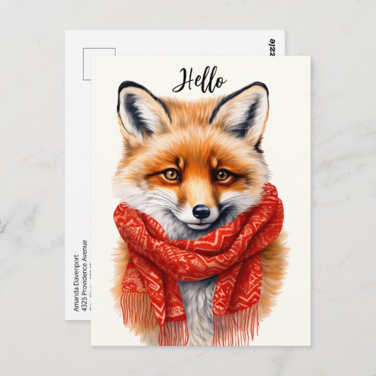 Cute Fox in a Red Scarf Autumn Image ポストカード (正面/裏面)