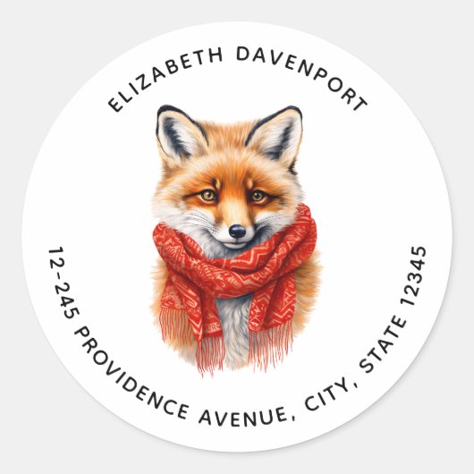 Cute Fox in a Red Scarf Autumn Image Address ラウンドシール (正面)