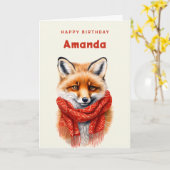 Cute Fox in a Red Scarf Autumn Image Birthday カード (黄色い花)