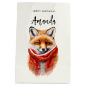 Cute Fox in a Red Scarf Autumn Image Birthday ミディアムペーパーバッグ (裏面)