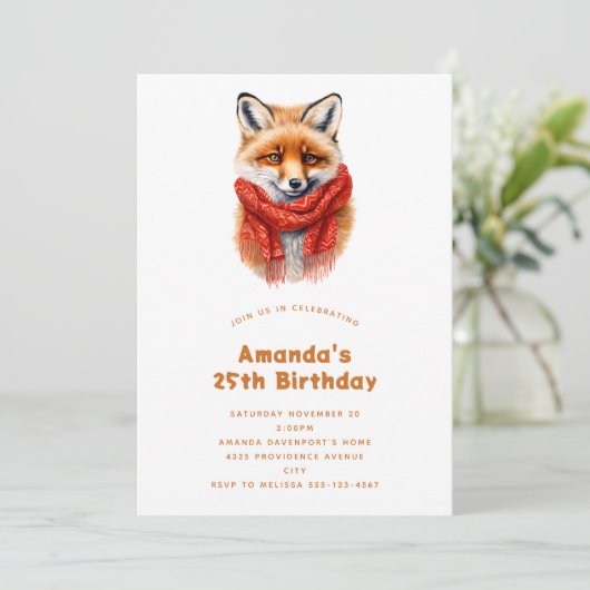 Cute Fox in a Red Scarf Autumn Image Birthday 招待状 (スタンド正面)