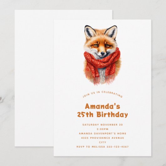 Cute Fox in a Red Scarf Autumn Image Birthday 招待状 (正面/裏面)