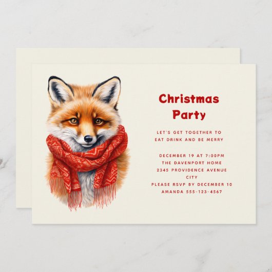 Cute Fox in a Red Scarf Autumn Image Christmas 招待状 (正面/裏面)