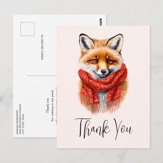 Cute Fox in a Red Scarf Autumn Image Thank You ポストカード (正面/裏面)