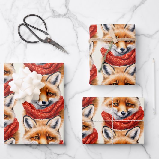 Cute Fox in a Red Scarf Autumn Pattern ラッピングペーパーシート (正面)
