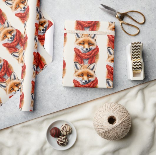 Cute Fox in a Red Scarf Autumn Pattern ラッピングペーパー (クラフト)