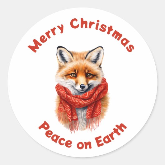 Cute Fox in a Red Scarf Christmas Peace ラウンドシール (正面)