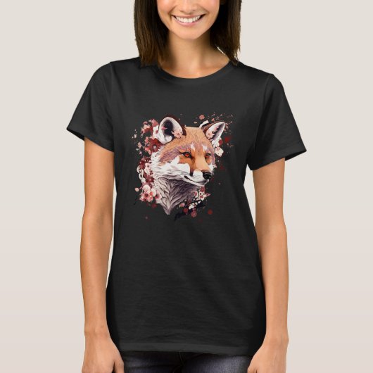 Cute Fox Japanese  Cherry Blossom Flower Artwork Tシャツ (正面)