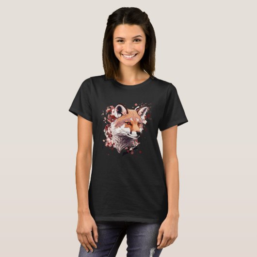 Cute Fox Japanese Cherry Blossom Flower Artwork Tシャツ (正面フル)