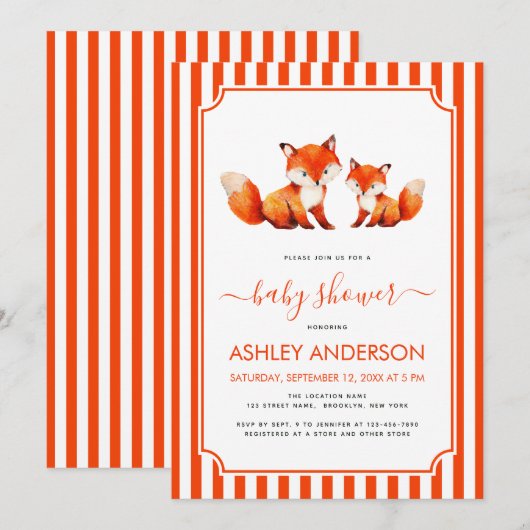 Cute Fox Mama and Baby Shower Animals Red Stripes 招待状 (正面/裏面)