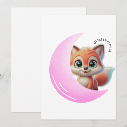 Cute Fox Pink Moon Card 招待状 (正面/裏面)