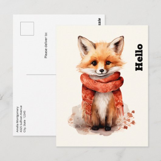 Cute Fox Pup in a Red Scarf ポストカード (正面/裏面)