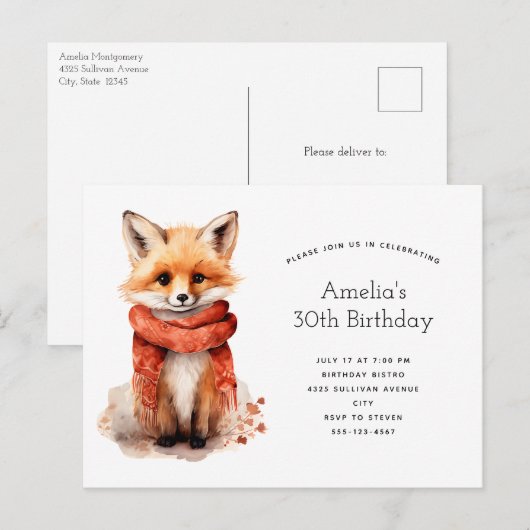 Cute Fox Pup in a Red Scarf Birthday インビテーションポストカード (正面/裏面)