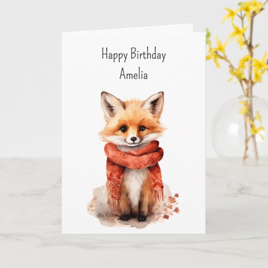 Cute Fox Pup in a Red Scarf Birthday カード (黄色い花)