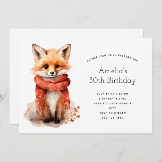 Cute Fox Pup in a Red Scarf Birthday 招待状 (正面/裏面)