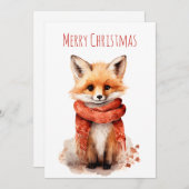 Cute Fox Pup in a Red Scarf Christmas シーズンカード (正面/裏面)
