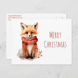Cute Fox Pup in a Red Scarf Christmas シーズンポストカード