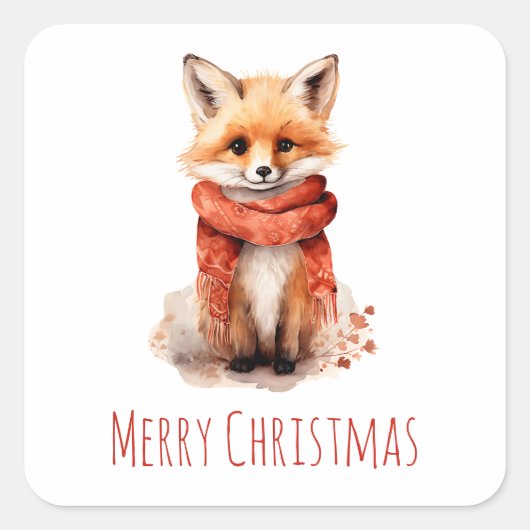 Cute Fox Pup in a Red Scarf Christmas スクエアシール (正面)