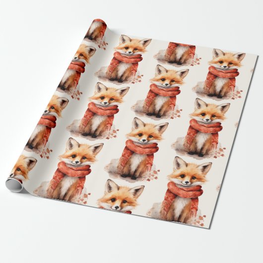 Cute Fox Pup in a Red Scarf Pattern ラッピングペーパー (アンロールド)