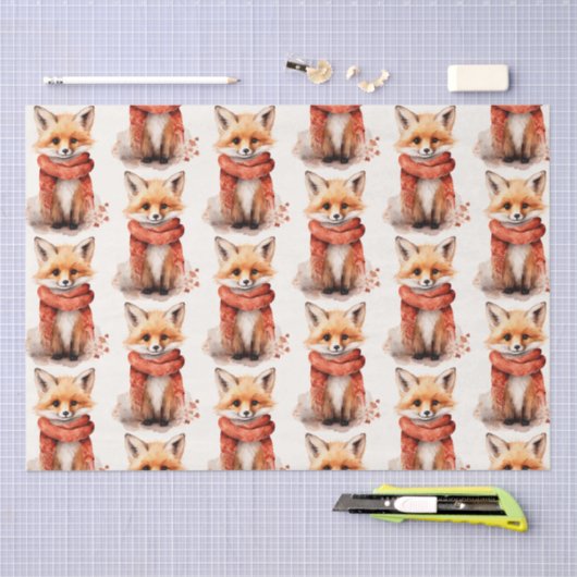 Cute Fox Pup in a Red Scarf Pattern 薄葉紙 (クラフト)