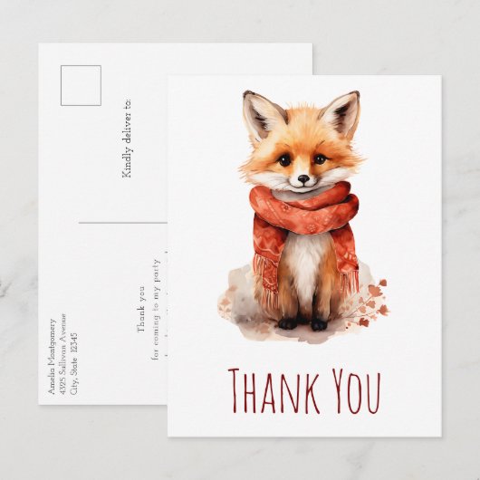 Cute Fox Pup in a Red Scarf Thank You ポストカード (正面/裏面)
