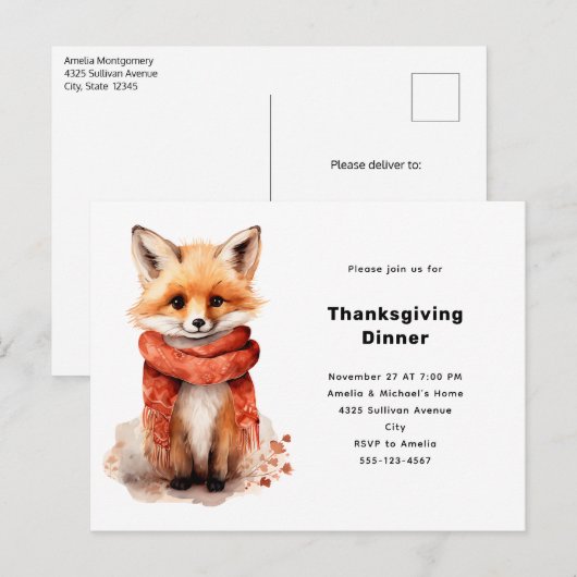 Cute Fox Pup in a Red Scarf Thanksgiving インビテーションポストカード (正面/裏面)