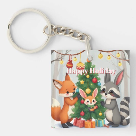  Cute Fox, Raccoon, & Bunny Christmas Keepsake キーホルダー (正面)