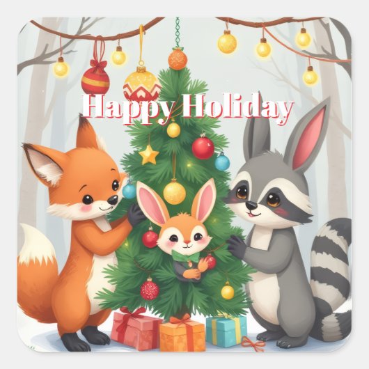  Cute Fox, Raccoon, & Bunny Christmas Keepsake スクエアシール (正面)