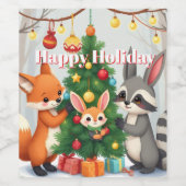  Cute Fox, Raccoon, & Bunny Christmas Keepsake ワインラベル (シングルラベル)