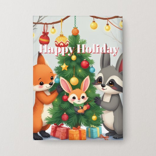  Cute Fox, Raccoon, & Bunny Christmas Keepsake 缶バッジ (正面)