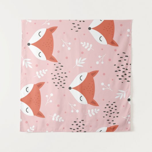 Cute fox seamless pattern, wolf hand drawn forest タペストリー (正面(横))