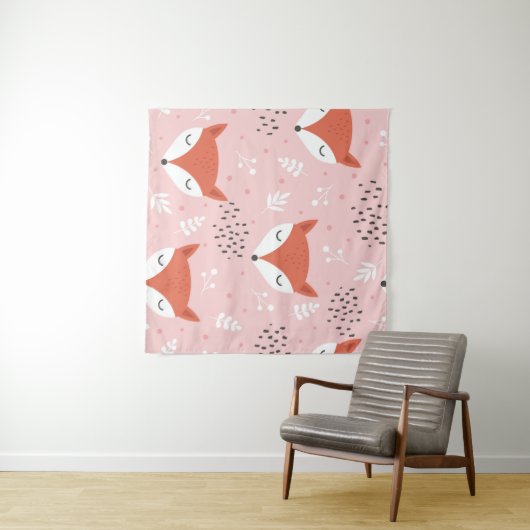 Cute fox seamless pattern, wolf hand drawn forest  タペストリー (インサイチュ(横))