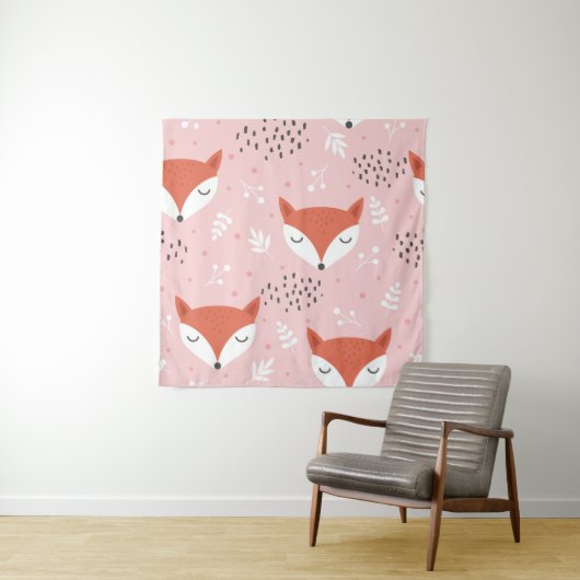 Cute fox seamless pattern, wolf hand drawn forest  タペストリー (インサイチュ)