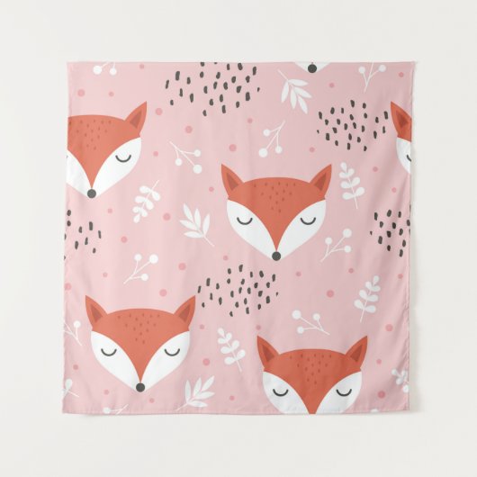 Cute fox seamless pattern, wolf hand drawn forest  タペストリー (正面)