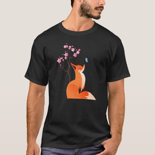 Cute Fox Shirt Japanese Cherry Flower And Butterfl Tシャツ (正面)