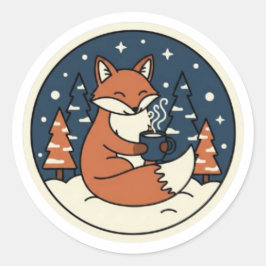 Cute Fox with Cocoa & Starry Winter Sky ラウンドシール