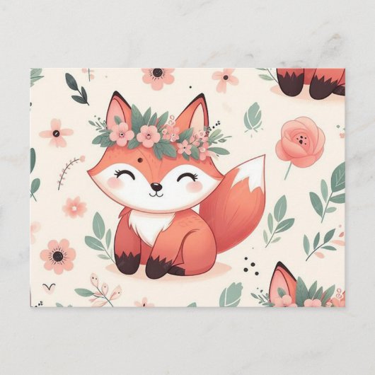 Cute fox with flower seamless pattern シーズンポストカード (正面)