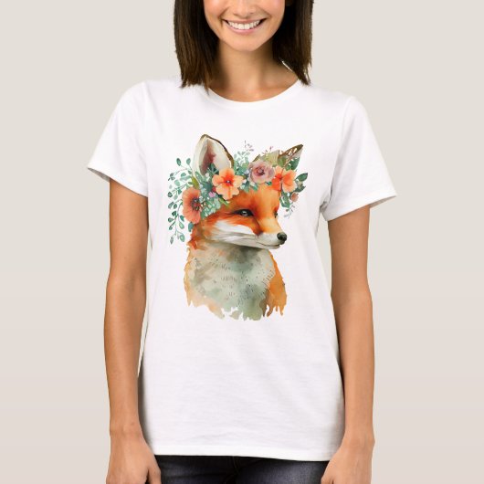 Cute Fox with Flowers T-Shirt – Adorable Nature Gr Tシャツ (正面)