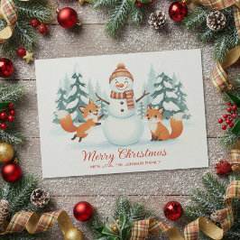 Cute Foxes and Snowman Merry Christmas シーズンカード