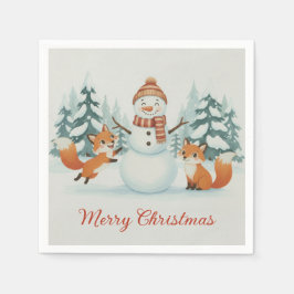 Cute Foxes and Snowman Merry Christmas スタンダードカクテルナプキン