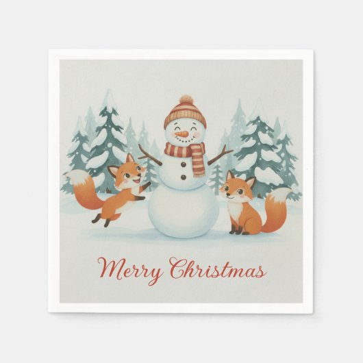 Cute Foxes and Snowman Merry Christmas スタンダードカクテルナプキン (正面)