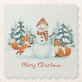 Cute Foxes and Snowman Merry Christmas ペーパーコースター