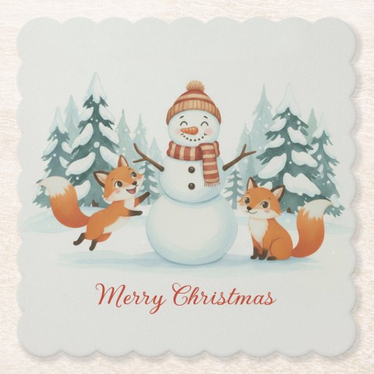Cute Foxes and Snowman Merry Christmas ペーパーコースター (正面)