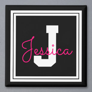 Cute Framed Name & Monogram   Black White & Pink マグネット