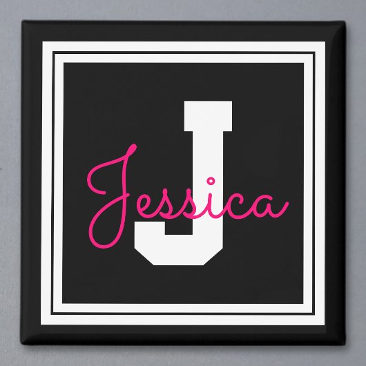 Cute Framed Name & Monogram | Black White & Pink マグネット