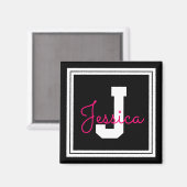 Cute Framed Name & Monogram | Black White & Pink マグネット (正面/裏面)