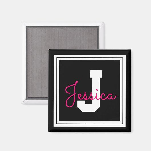 Cute Framed Name & Monogram | Black White & Pink マグネット (正面/裏面)