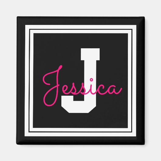 Cute Framed Name & Monogram | Black White & Pink マグネット (正面)
