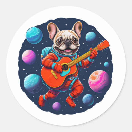 Cute French Bulldog Astronaut Playing Guitar – Fun ラウンドシール (正面)