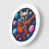 Cute French Bulldog Astronaut Playing Guitar – Fun ラージ壁時計 (傾斜)